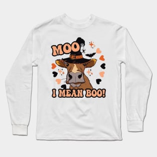 Cow Moo I Mean Boo Pumpkin Moon Halloween Bleached Funny Long Sleeve T-Shirt